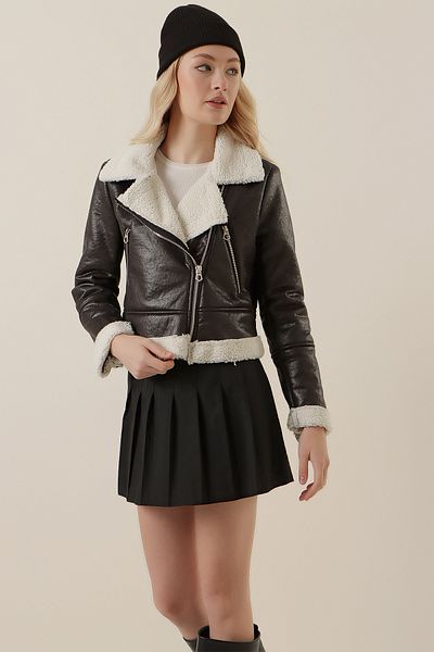 Bigdart 5155 Model Black Leather Double Breasted Jacket with Faux Fur