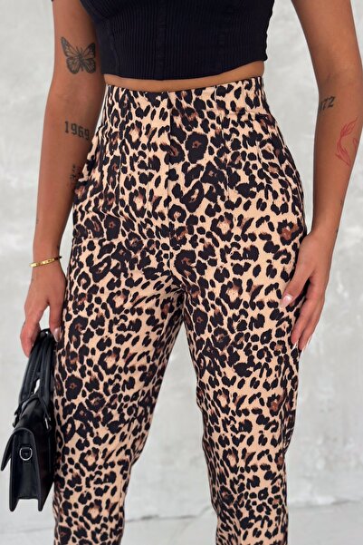 FEMELLE Kadın Yüksek Bel Leopar Desenli Çimalı Kumaş Pantolon