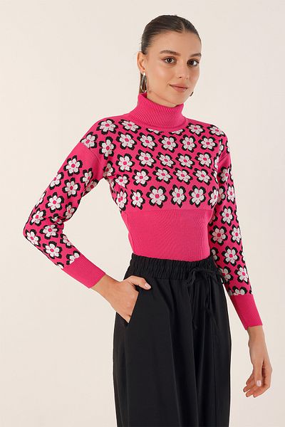 Bigdart 15801 Turtleneck Patterned Crop Sweater - Fuchsia
