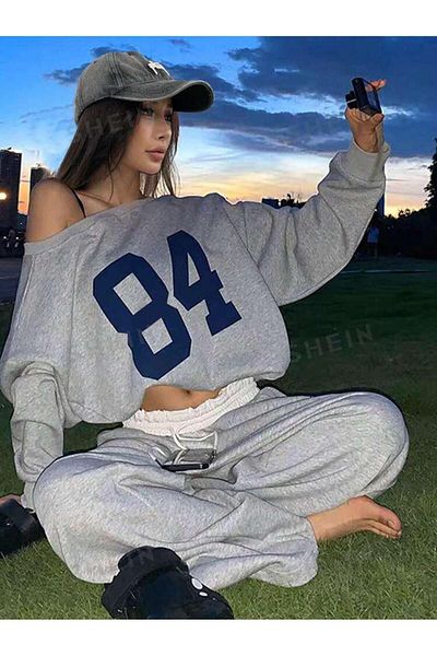 Keywest Women's 84 Printed Off-The-Shoulder Sweatshirt Sweatpants 3 Thread Double Set