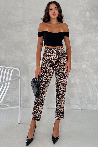 FEMELLE Pantaloni de damă cu talie înaltă cu imprimeu leopard din țesătură iarbă