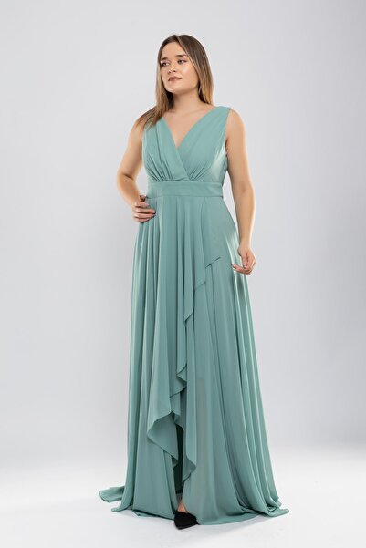 DORİDORCA 2023 Büyük Beden Kruvaze Yaka Astarlı Eteği Fırfır Detay Uzun Tül E...