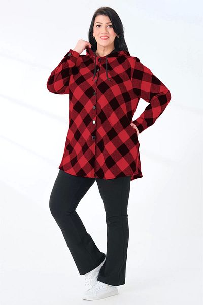 Lady Majestic Plaid Hooded Woven Plus Size Lumberjack Shirt Cardigan Hidden Pocket