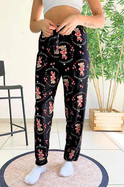 Farya Home Pantaloni de pijama din piele intoarsa cu model de ursuleti texturat din catifea moale