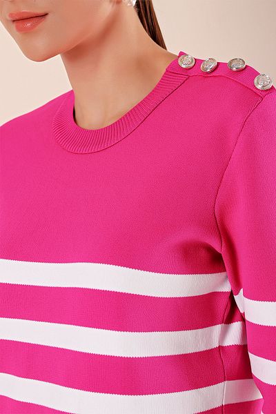 Bigdart 15820 Button Detailed Striped Sweater - Fuchsia
