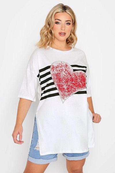 Stil Diva Large Size Heart Printed Half Sleeve Crew Neck T-Shirt with Side Slit Detail 320964