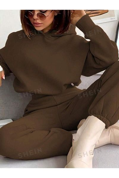 Keywest Women's Hooded Crop Sweatshirt Sweatpants 3 Thread Double Set