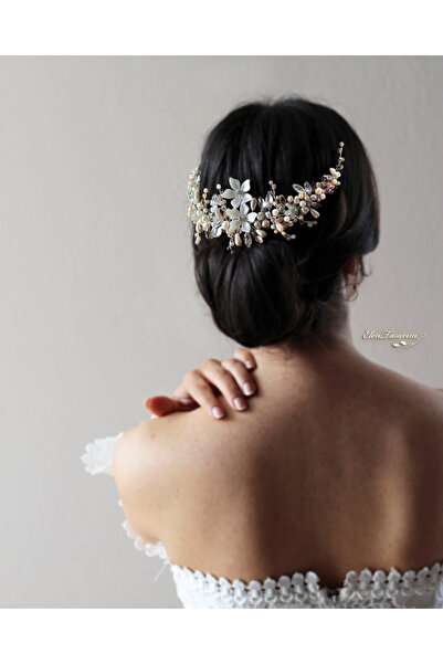 Elen Tasarım Doğal Incili Sedef Çiçekli Gold Saç Aksesuarı. Gold Gelin Tacı