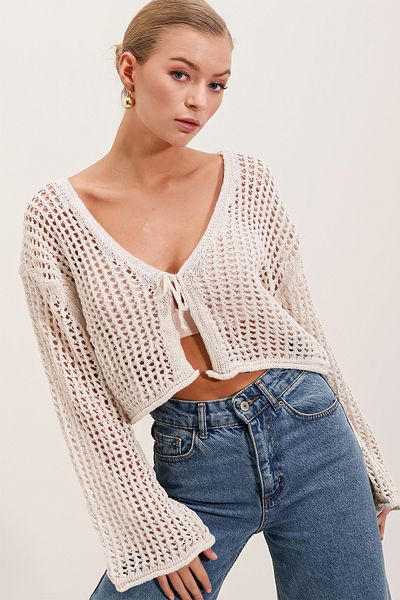 Bigdart 15852 Übergroßer kurzer Cardigan mit Lochmuster - Stein