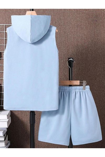 Keywest Unisex Label εμπριμέ αμάνικο μπλουζάκι με κουκούλα και σορτς κάτω από το κορυφαίο σετ