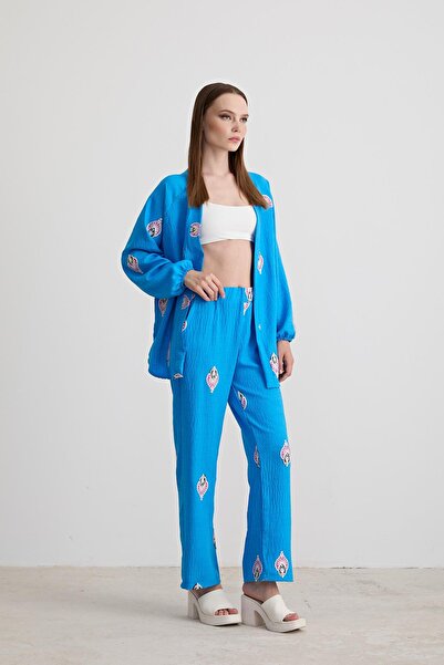 LEVURE Şal Desenli Keten Pantolon MAVİ