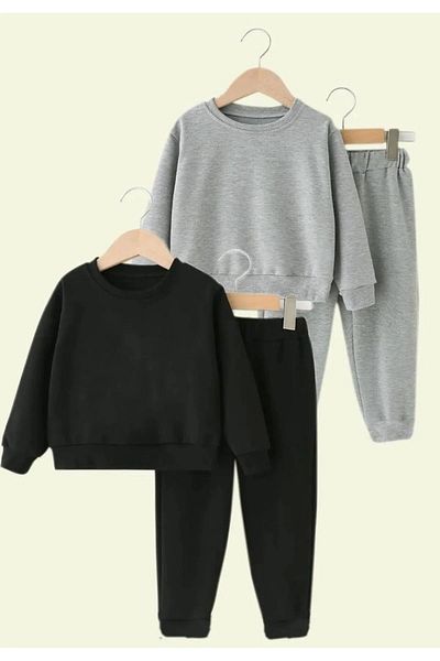 MANCY Children's Unprinted 2-Piece Oversize Crew Neck Sweatshirt Tracksuit Set