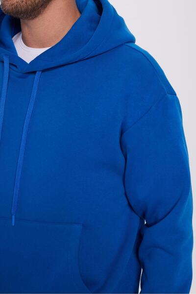 Tudors Unisex Oversize Geniş Kesim Pamuklu Yumuşak Dokulu Içi Polarlı Basic Sax Mavi Kapüşonlu Sweatshirt