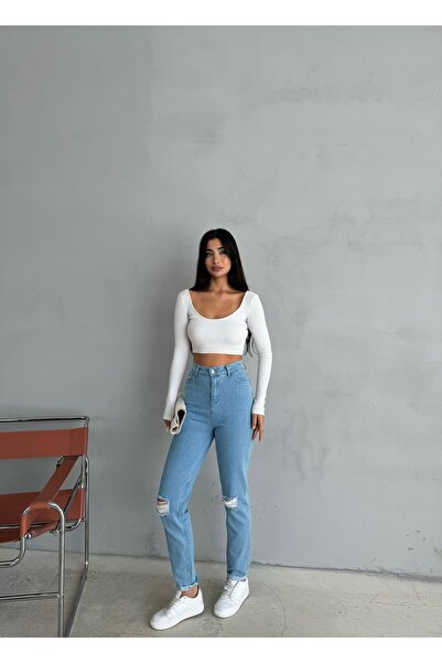 LOISY Blugi de damă, albastru, cu fante la genunchi, cu picior îngust, pantal...