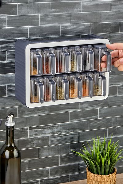 OES HOME 12-Piece Spice Rack Set with Stand and Self-Adhesive Lid and Spoon - (--Anthracite--)