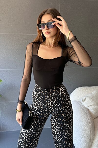 Fav Style Bluză de damă cu guler pătrat și mâneci lungi, cu detalii din tul, ...
