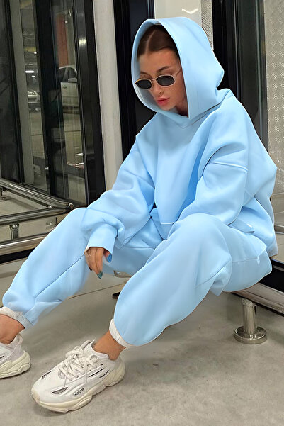 YAKAMEL Kadın Hoodie Kanguru Cep Kapşonlu Sweatshirt Paçası Lastikli Alt Eşofman Takımı