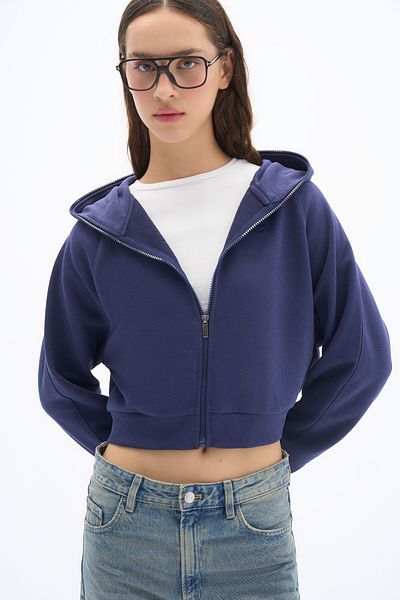 Wear Three Points Zipper - Relaxed Fit Full Length Zippered Hooded 3 Thread Premium Knitted Fabric Navy Blue Sweatshirt
