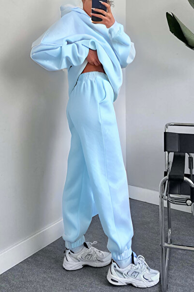 YAKAMEL Kadın Hoodie Kanguru Cep Kapşonlu Sweatshirt Paçası Lastikli Alt Eşofman Takımı