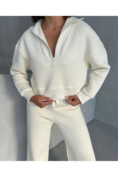 MANCY Women's Half Zip Crop Sweatshirt Sweatpants 3 Thread Double Set