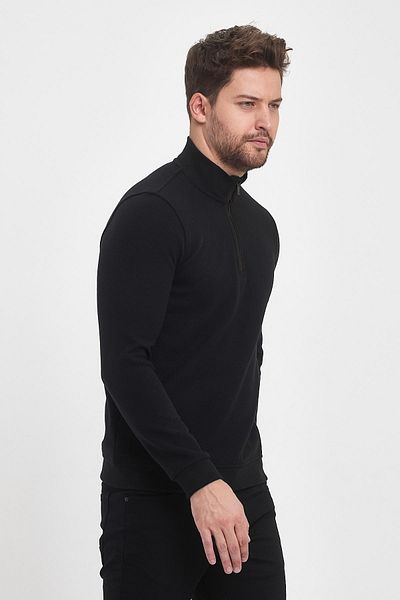 ENQUE Мъжки дълъг зимен суитшърт с яка стойка и цип, черен