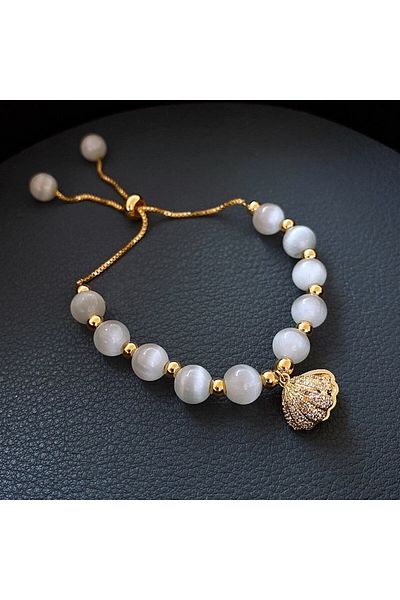 Tesbihane Design Oyster with Pearls Gold Color Selenite Natural Stone Women's Bracelet