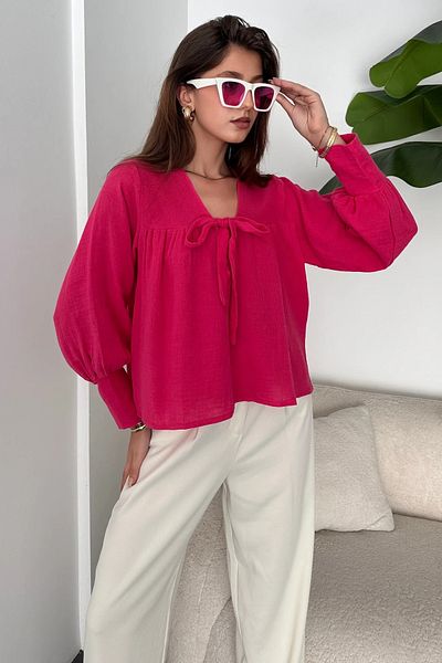 Fav Style Φούξια γυναικεία μπλούζα με μακρυμάνικη λαιμόκοψη με λεπτομέρεια με κορδόνια