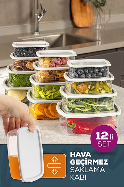Evlinya Set of 12 Airtight Storage Containers Grey 3X(250-500-750-1200 ml)