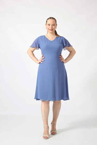 Moda Berray 3297 İndigo Kolu Fırfırlı Bele Oturan Astarlı Şifon Elbise