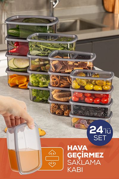 Evlinya Anthracite 24-Piece Airtight Storage Set - 6X(250-500-750-1200 ml)