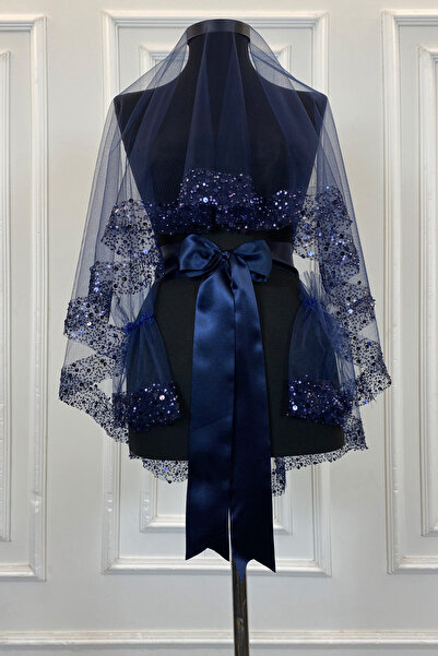 ZEYMERADE طقم حجاب زفاف باللون الأزرق الداكن مع ترتر ولؤلؤ كبير، غطاء ليلي با...