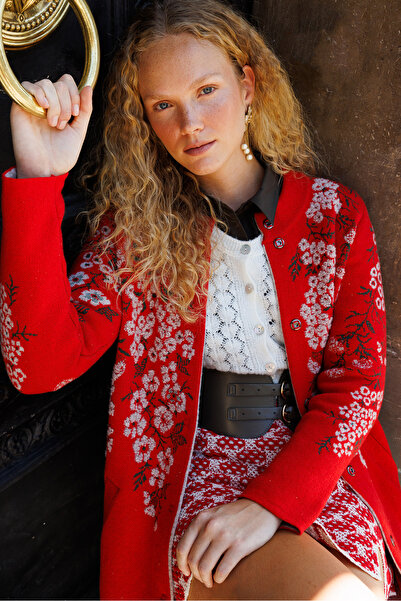 Desen Triko Women's Coral Long Wool Cardigan - Stand Collar and Floral Print