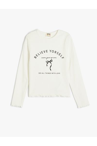 Koton Long Sleeve Ribbed T-Shirt Bow Printed Crew Neck Cotton Slim Fit