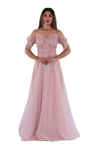aşkın göksu Strapless Powder Evening Dress - Women's Fashion with Bead and Otriş Detail and Tulle Skirt