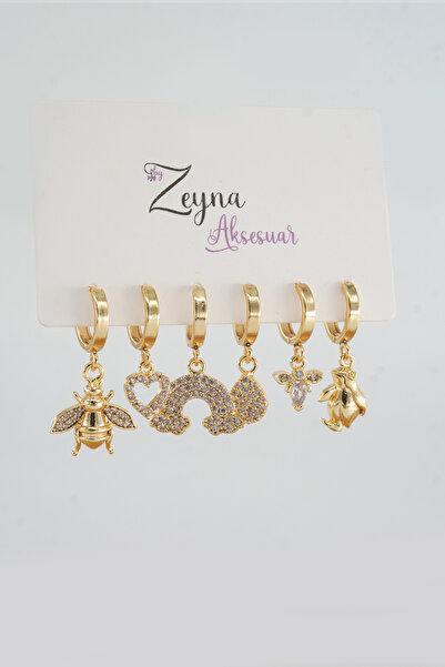 By Zeyna Aksesuar Kadın Vip Seri Zirkon Taşlı Karışık Figürlü 6'lı küpe Seti