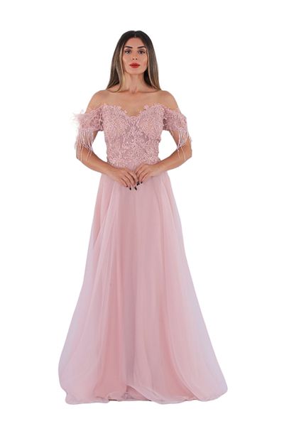 aşkın göksu Strapless Powder Evening Dress - Women's Fashion with Bead and Otriş Detail and Tulle Skirt