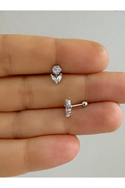 Arescollection 1 ADET ZİRKON TAŞLI ÇİÇEK TRAGUS HELİX LOBE KIKIRDAK UYUMLU Pİ...