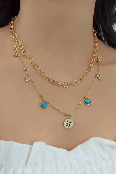 Çlk Accessories الصلب صفين الفيروز الأحجار الكريمة شجرة الحياة قلادة Trkolye50185