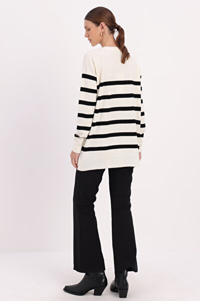ALLDAY Ekru-Siyah Basic Çizgili Bisiklet Yaka Kazak