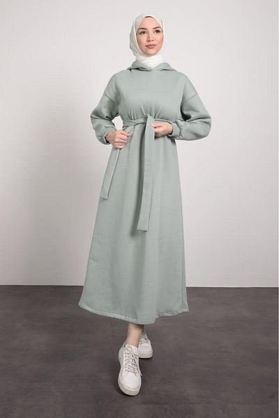 Lamia Giyim Hooded Mobile Belted Hijab Dress Water Green