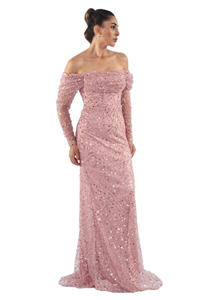 aşkın göksu Pudra Düşük Uzun Kol Payet İşlemeli Balık Kadın Abiye