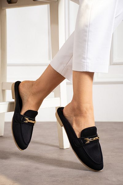 en7 Pantofi clasici casual negri cu cataramă pentru femei confortabili - papuci SB105