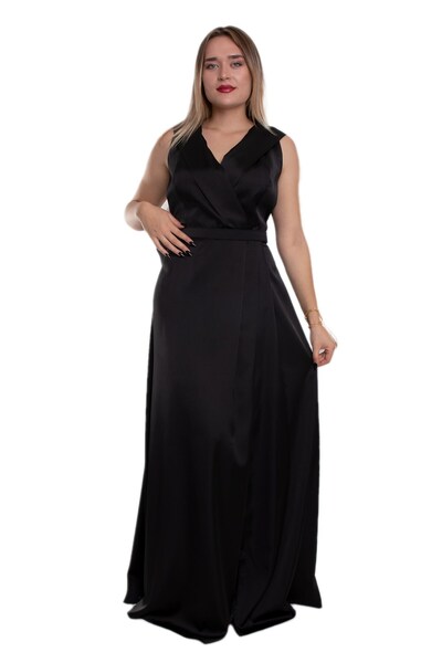 LİLAS XXL 9423 Büyük Beden Kemerli Çift Yaka Uzun Saten Elbise