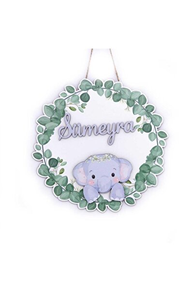 Genel Markalar Yeşil Yaprak Süslemeli Fil Yavrusu Temalı Kişiye Özel Kapı Süsü