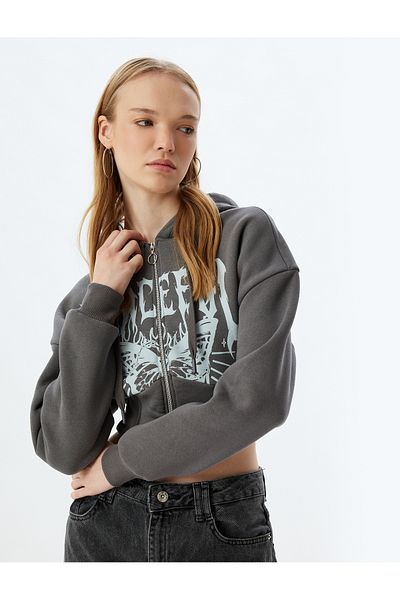 Koton Printed Crop Sweatshirt - Zippered Hood, Corset Detailed Slim Fit Hooded