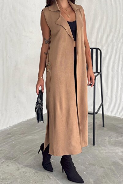 FEMELLE Women's Brown Standard Size Button Detailed Long Knitwear Vest