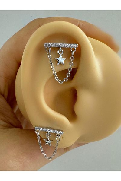 Arescollection 1 Piece Zircon Stone - Chained Flat Helix Lobe Cartilage Thinning Piercing Earrings