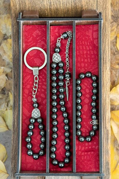 TESBİHKENTİ مجموعة حجر الهيماتيت لسلسلة المفاتيح والسوار - في صندوق خشبي