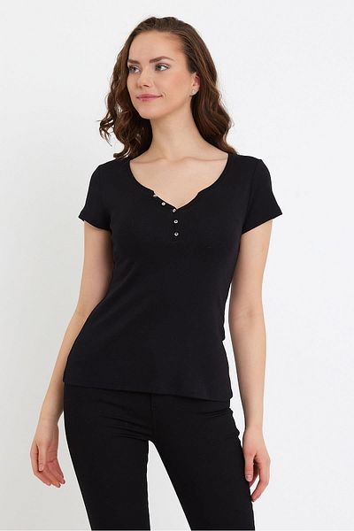 VENA Tricou mulat cu nasturi Matilda - negru
