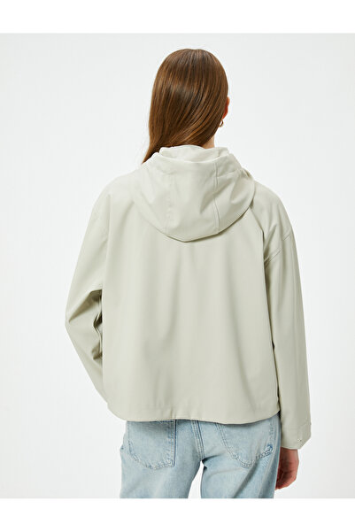 Koton Raincoat Leather Look with Hood and Pocket Detail Zipper